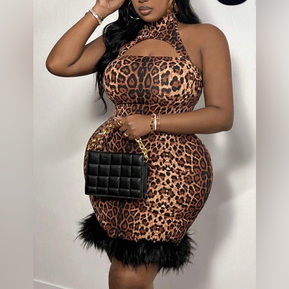 Plus Elegant Sexy Leopard Print Cutout Backless Flared Hem Mini